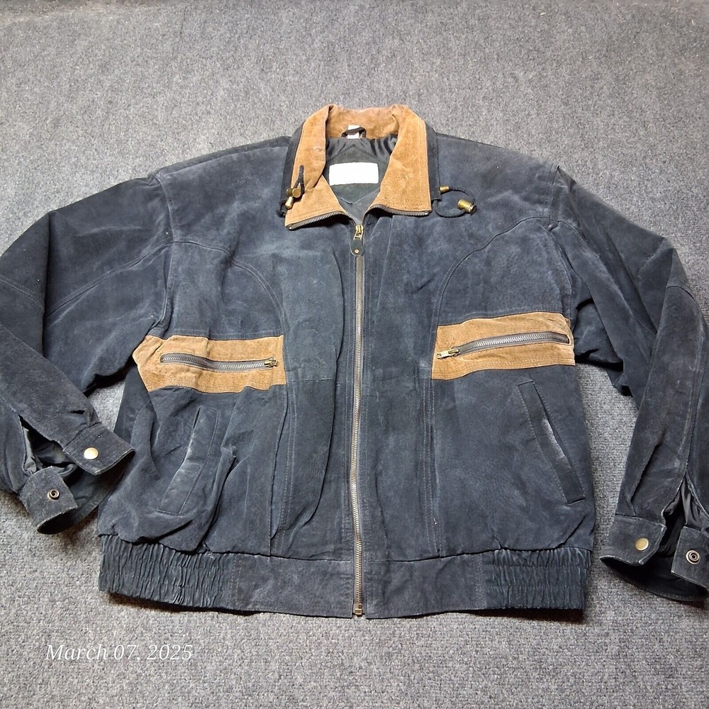 VTG Ash Creek Sueded‎ Leather Jacket Men 2X Black Lined Full Zip Shoulder Pads